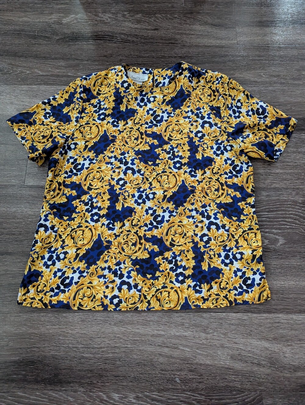 Anna Kriste Women's Large Blue And Gold Baroque Pattern Blouse